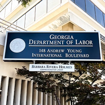 Georgia Department of Labor exterior sign at 148 Andrew Young International Boulevard in downtown Atlanta, Georgia.