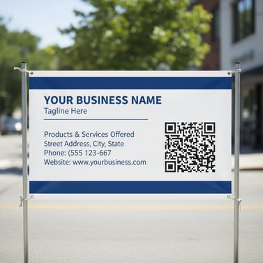 Outdoor business banner with company details and a QR code, prompting customers to scan for more info and offers—interactive signage.