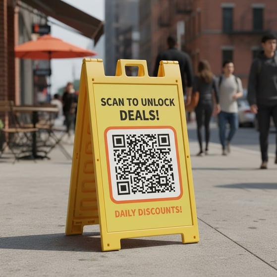 Yellow sidewalk A-frame sign with a large QR code and ‘Scan to unlock deals — Daily Discounts,’ inviting passersby to engage via phone