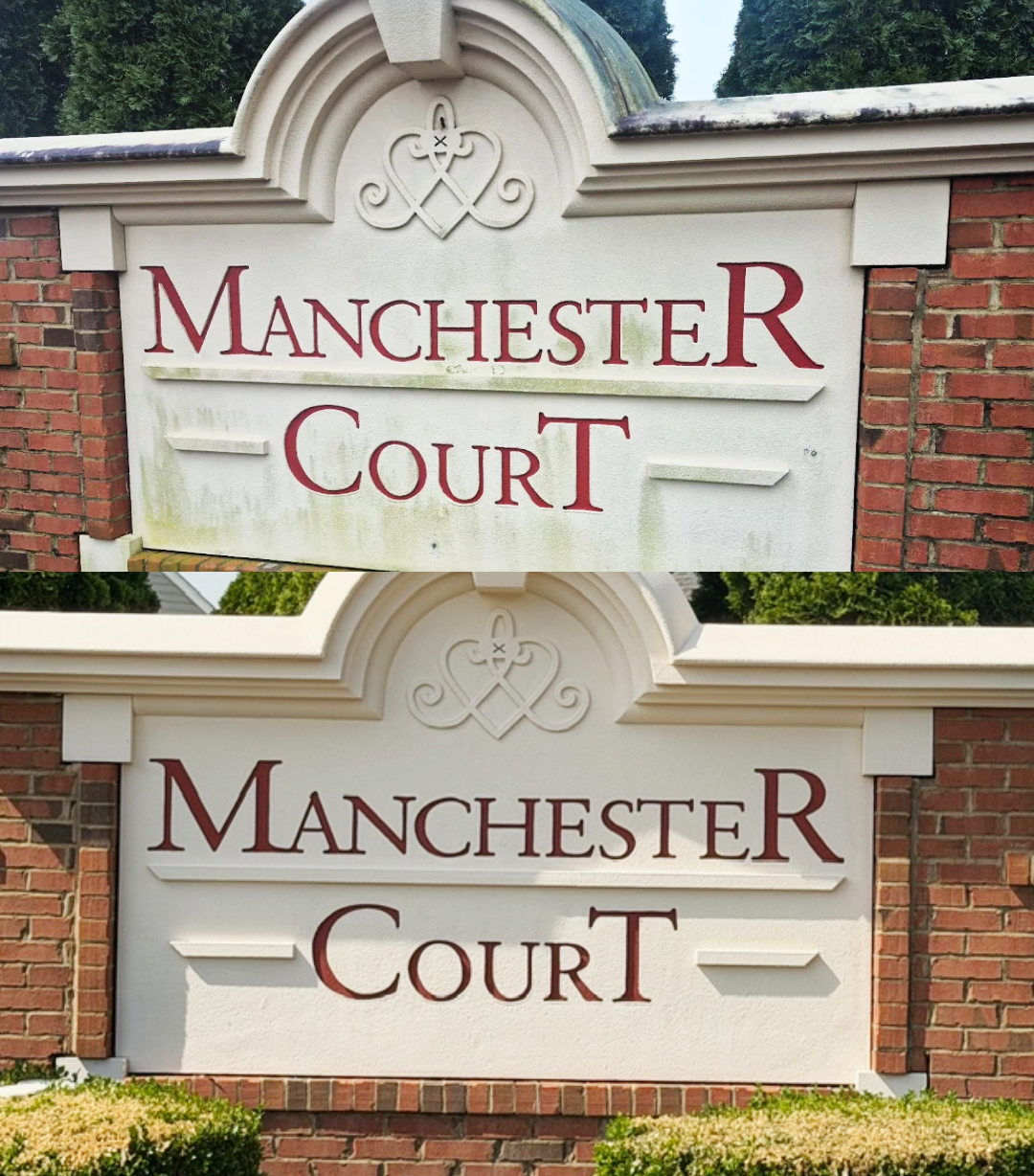 Sign cleaning and repair before and after pictures for a neighborhood monument sign, five star review