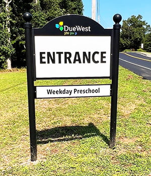 Due West Church entrance sign for weekday preschool.